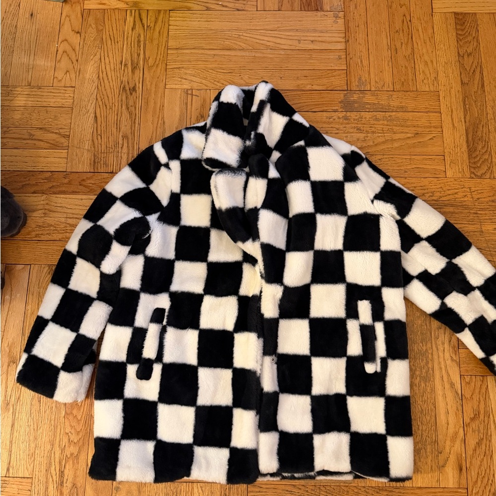 Adika Black and White Checkered Faux Fur Jacket